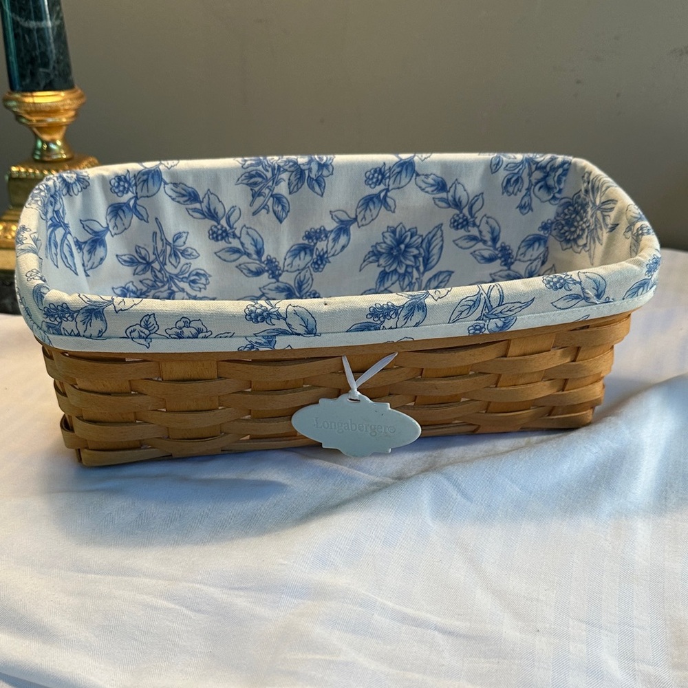 Longaberger Natural Woven Basket with Blue Floral Liner